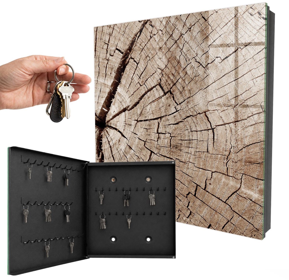 WallMuralia - Sleutelkast - 30x30x5 cm - met 50 haken - Houtnerf Sleutelkastje Klein - Bruin Sleutelbox - Linksopenend - Zwart interieur