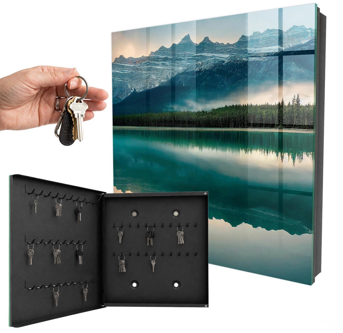 WallMuralia - Sleutelkast - 30x30x5 cm - met 50 haken - Bergreflectie Sleutelkastje Huis - Groente Sleutelbox - Linksopenend - Zwart interieur