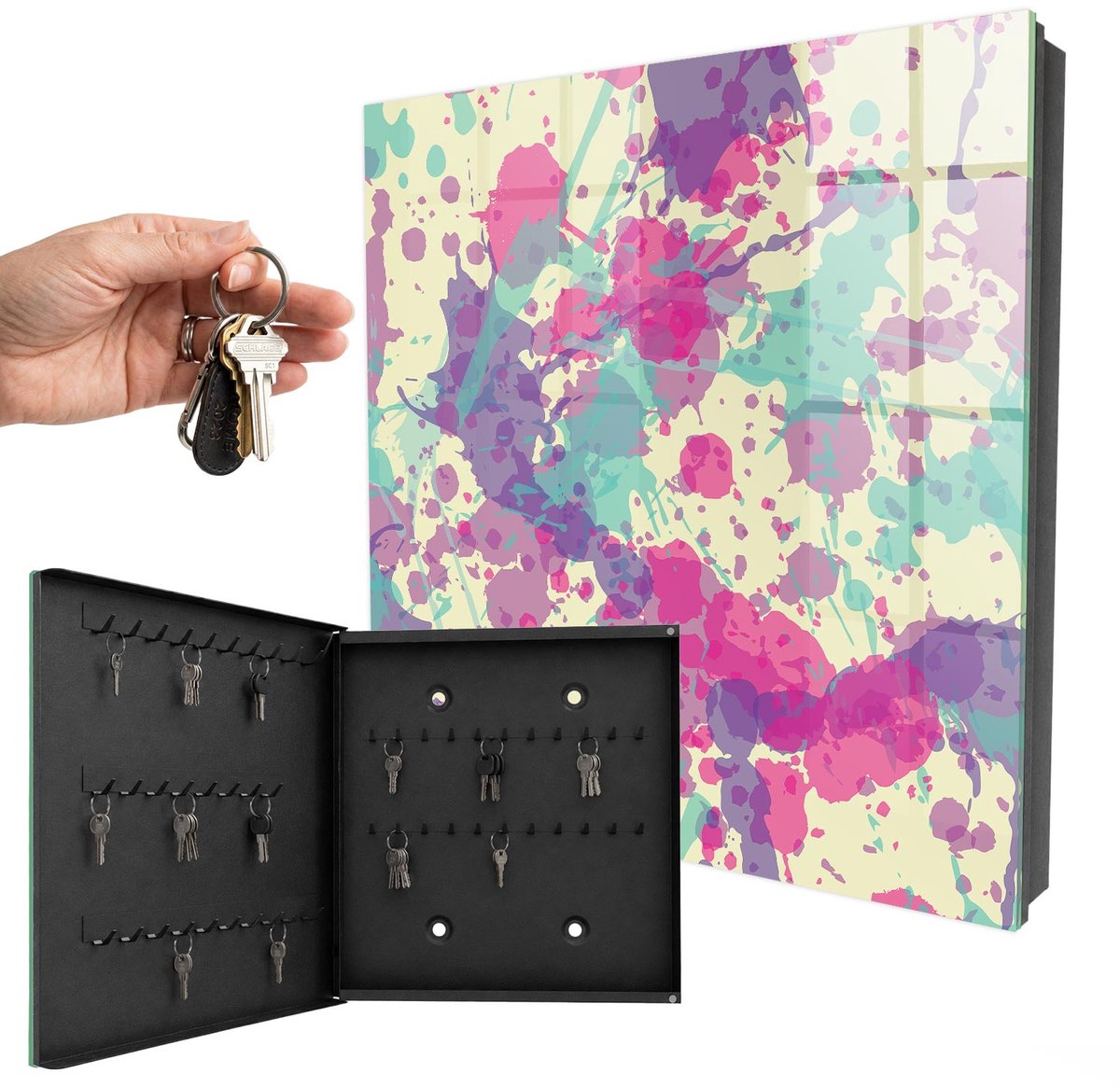 WallMuralia - Sleutelkast - 30x30x5 cm - met 50 haken - Kleurrijke Chaos Sleutelkastje Modern - Roze Sleutelbox - Linksopenend - Zwart interieur