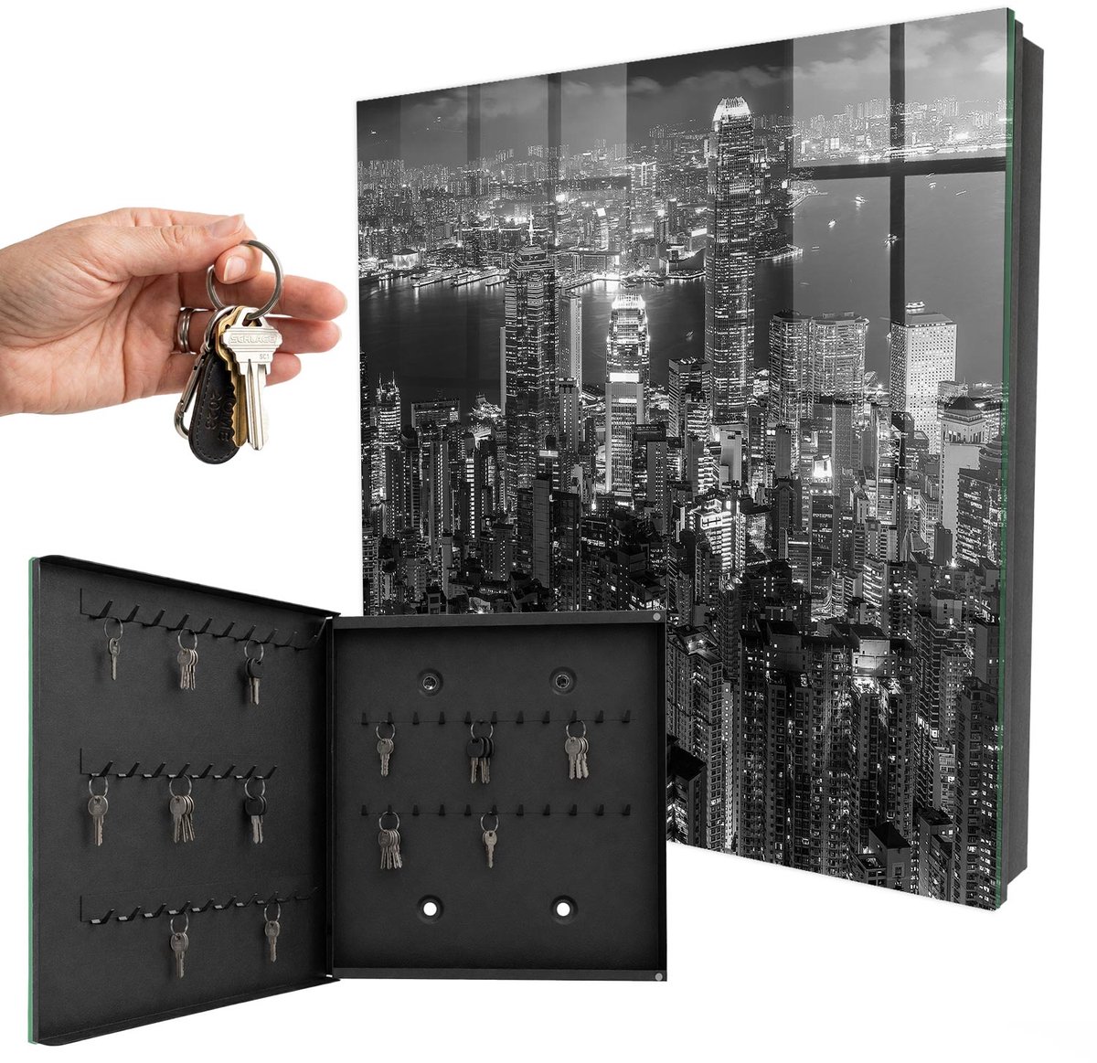 WallMuralia - Sleutelkast - 30x30x5 cm - met 50 haken - Stadsnacht Sleutelkastje Gang - Zwart Sleutelbox - Linksopenend - Zwart interieur