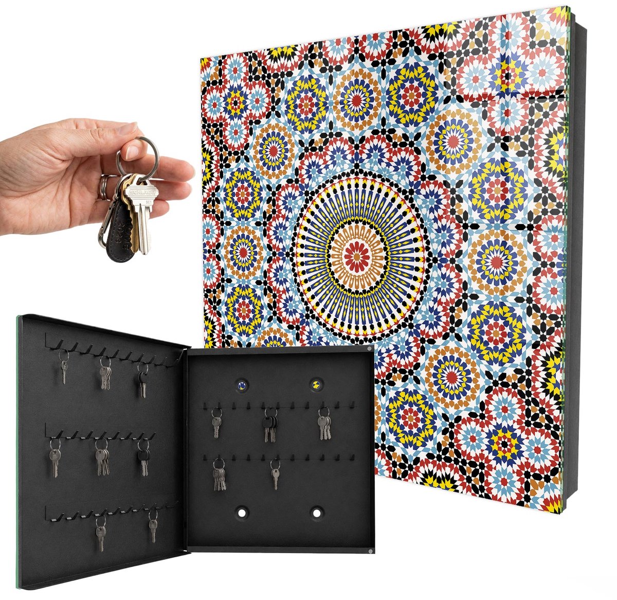 WallMuralia - Sleutelkast - 30x30x5 cm - met 50 haken - Mozaïekpatroon Sleutelkastje - Blauw Sleutelbox - Linksopenend - Zwart interieur