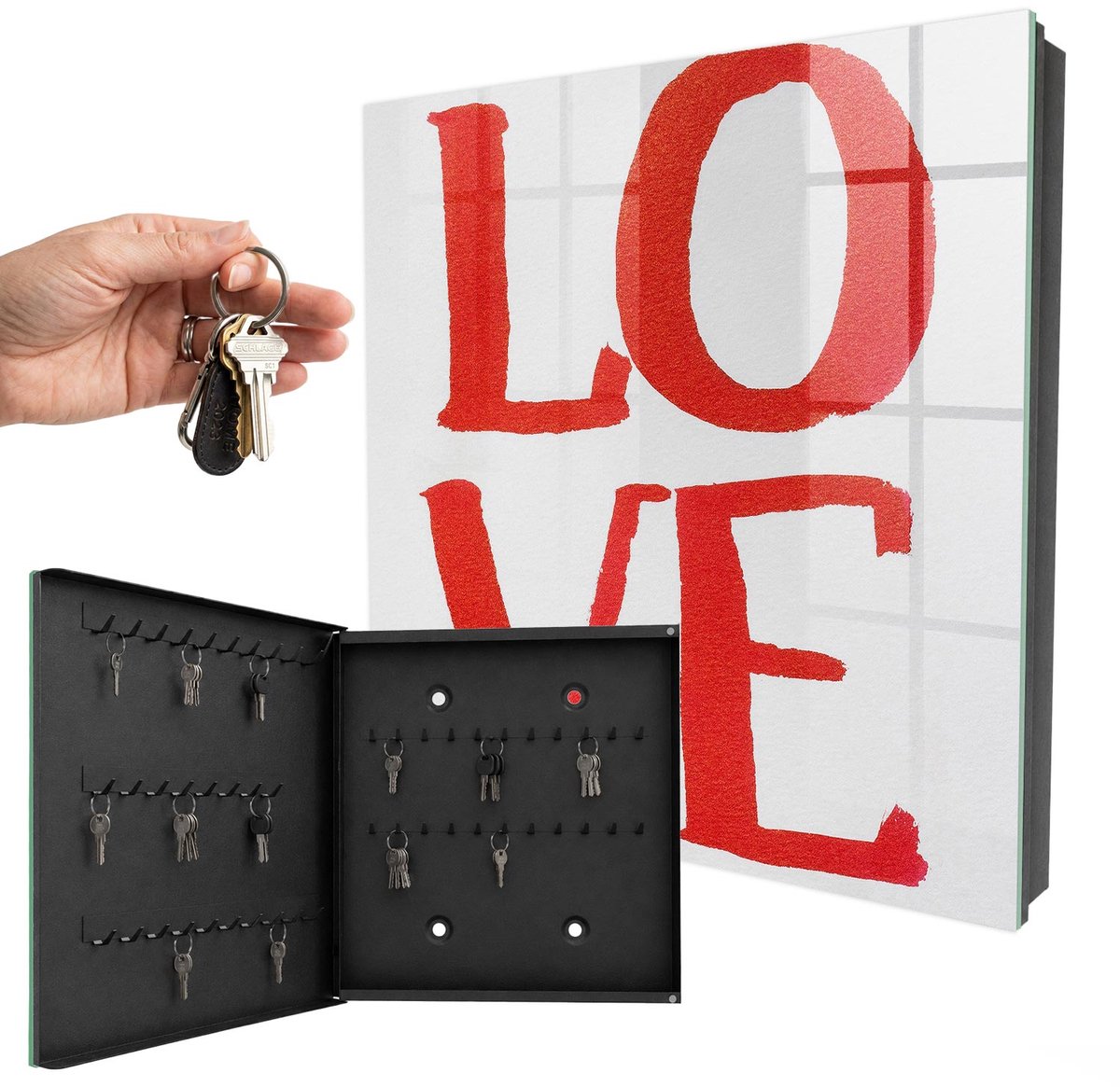 WallMuralia - Sleutelkast - 30x30x5 cm - met 50 haken - Rode Liefde Sleutelkastje Modern - Rood Sleutelbox - Linksopenend - Zwart interieur