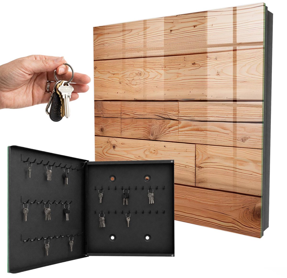 WallMuralia - Sleutelkast - 30x30x5 cm - met 50 haken - Houten Planken Sleutelkastje - Beige Sleutelbox - Linksopenend - Zwart interieur