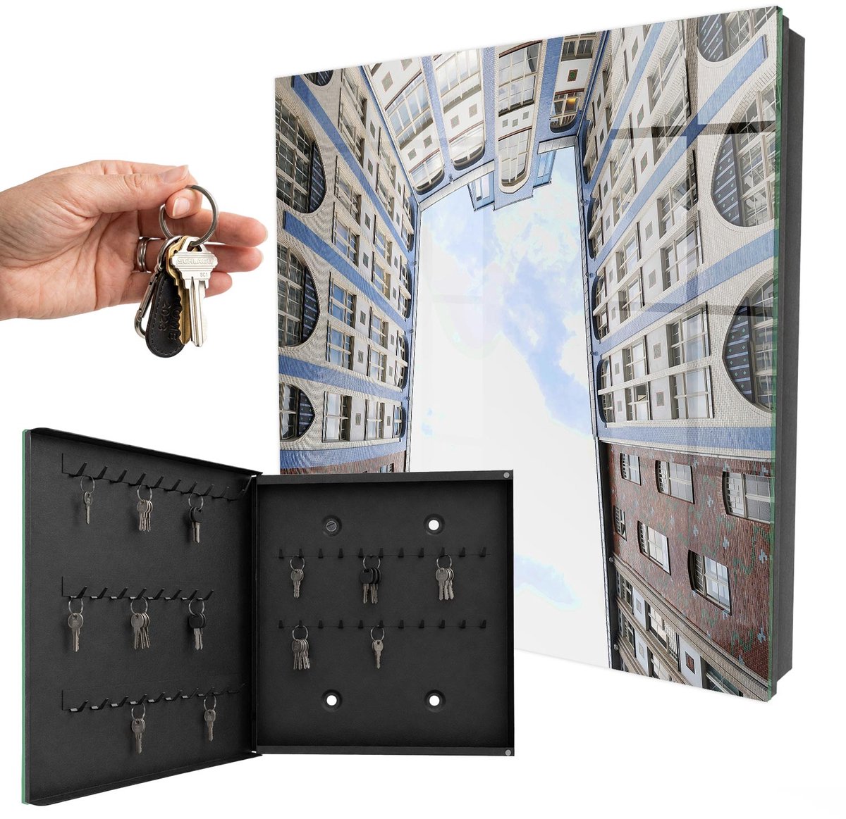 WallMuralia - Sleutelkast - 30x30x5 cm - met 50 haken - Moderne Architectuur Sleutelkastje Design - Wit Sleutelbox - Linksopenend - Zwart interieur