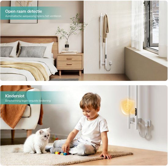 Elektrische handdoekradiator in slaapkamer, actief tijdens ventileren. Kinderbeveiliging met kat en jongen.