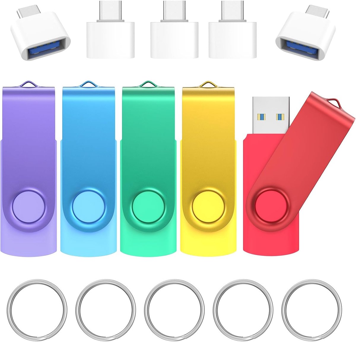 2 Stuks USB-stick 32GB USB 3.0 Hoge Snelheid – Wooolken Swivel Geheugensticks in Blauw & Cyaan, Portable Data Storage met 2 Sleutelhangers en 2 Adapters | Draaibare pendrive met sleutelhangers USB-stick voor back-up van gegevensopslag