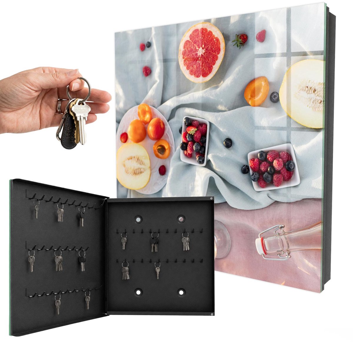 WallMuralia - Sleutelkast - 30x30x5 cm - met 50 haken - Zomerpicknick Sleutelkastje Binnen - Romig Sleutelbox - Linksopenend - Zwart interieur