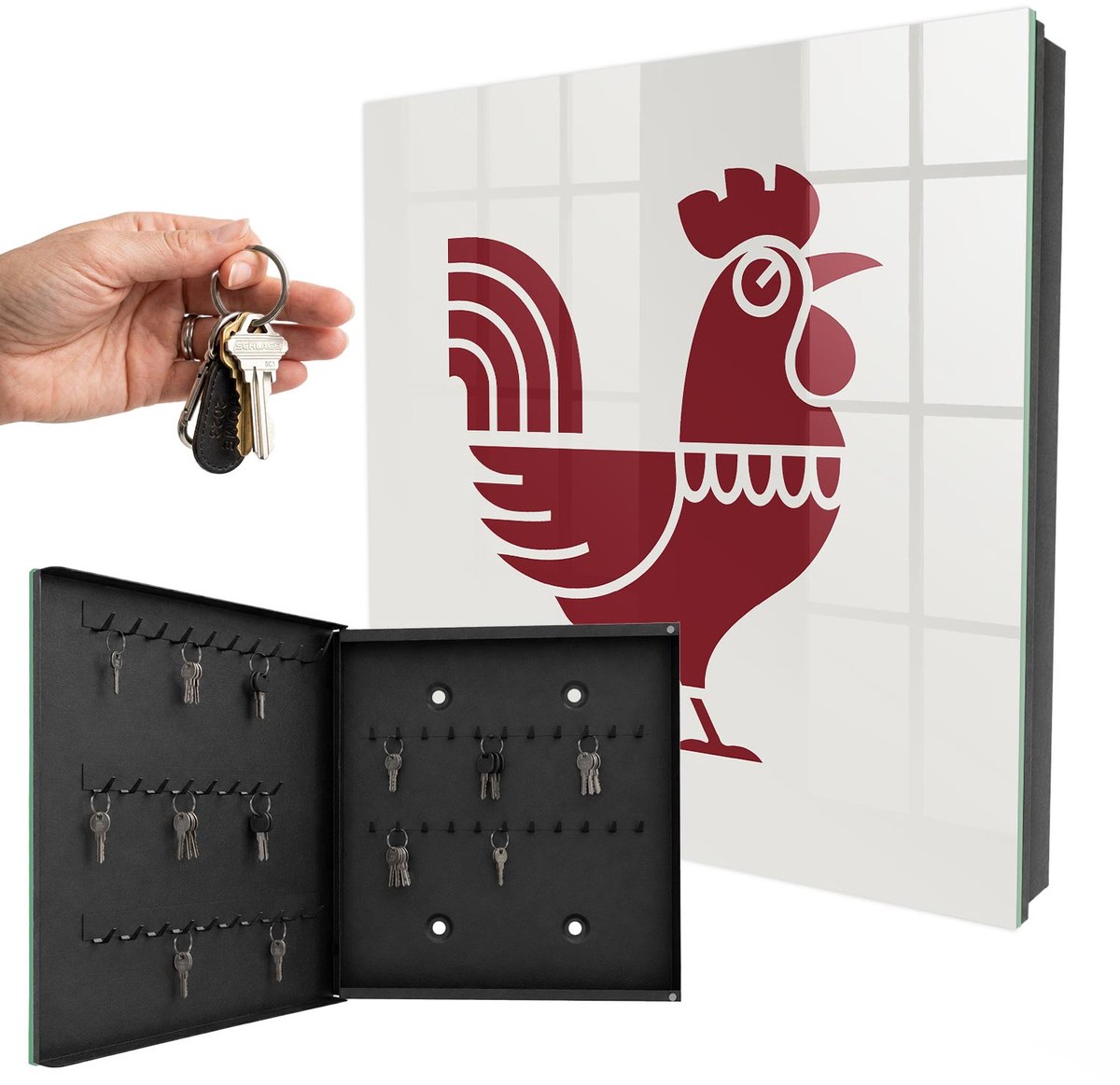 WallMuralia - Sleutelkast - 30x30x5 cm - met 50 haken - Haan Volksstijl Sleutelkastje Landelijk - Bordeaux Sleutelbox - Linksopenend - Zwart interieur