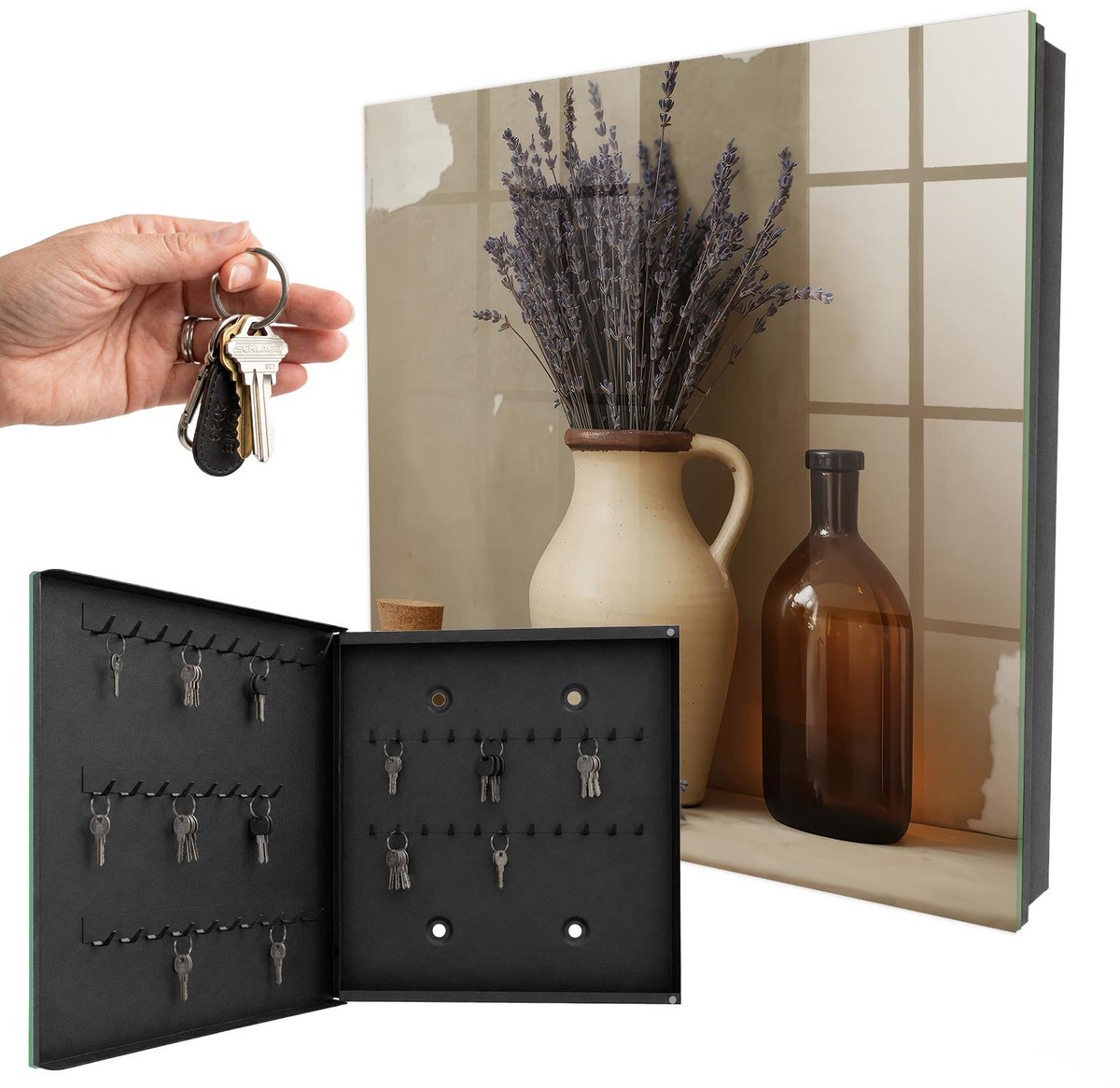 WallMuralia - Sleutelkast - 30x30x5 cm - met 50 haken - Lavendelvaas Sleutelkastje Design - Beige Sleutelbox - Linksopenend - Zwart interieur