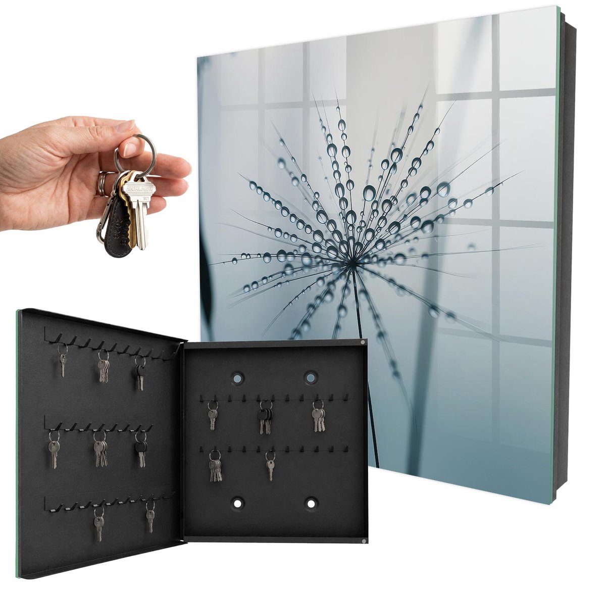 WallMuralia - Sleutelkast - 30x30x5 cm - met 50 haken - Paardenbloem En Waterdruppels Sleutelkastje Gang - Grijs Sleutelbox - Linksopenend - Zwart interieur