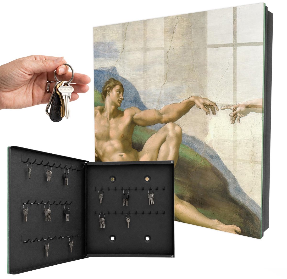 WallMuralia - Sleutelkast - 30x30x5 cm - met 50 haken - Klassieke Kunst Sleutelkastje Huis - Beige Sleutelbox - Linksopenend - Zwart interieur