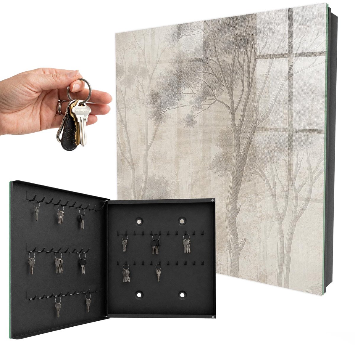 WallMuralia - Sleutelkast - 30x30x5 cm - met 50 haken - Etherische Bossfeer Sleutelkastje Hal - Grijs Sleutelbox - Linksopenend - Zwart interieur