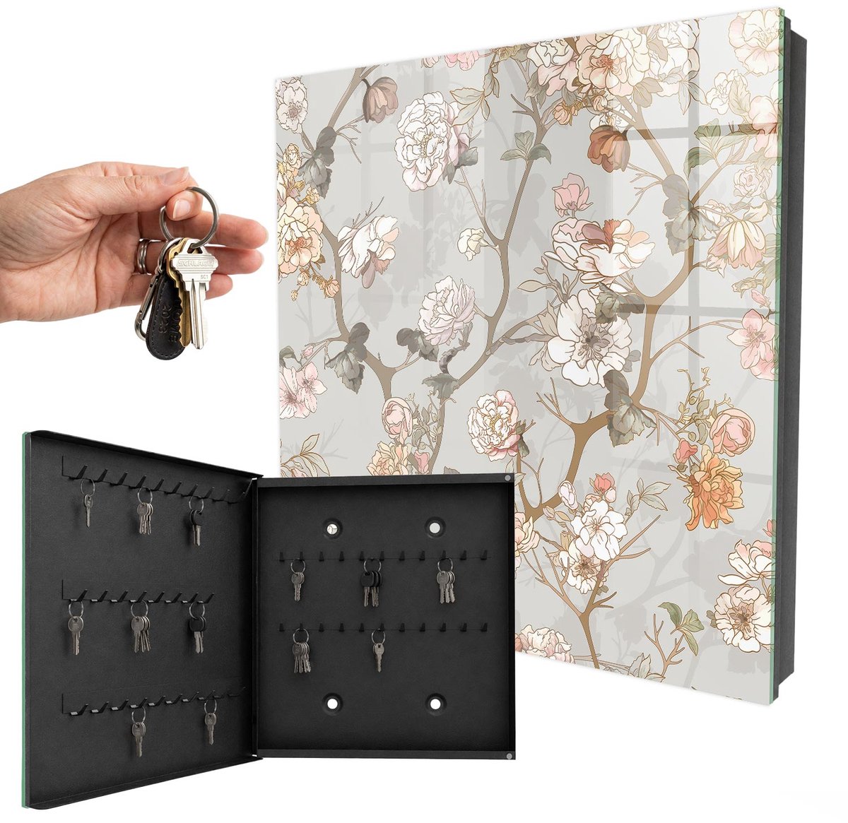 WallMuralia - Sleutelkast - 30x30x5 cm - met 50 haken - Bloemtakken Sleutelkastje Modern - Beige Sleutelbox - Linksopenend - Zwart interieur