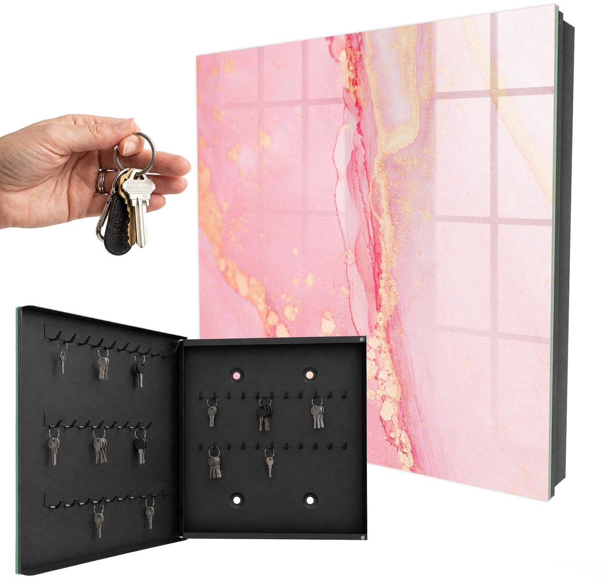 WallMuralia - Sleutelkast - 30x30x5 cm - met 50 haken - Roze Droom Groot Sleutelkastje - Roze Sleutelbox - Linksopenend - Zwart interieur