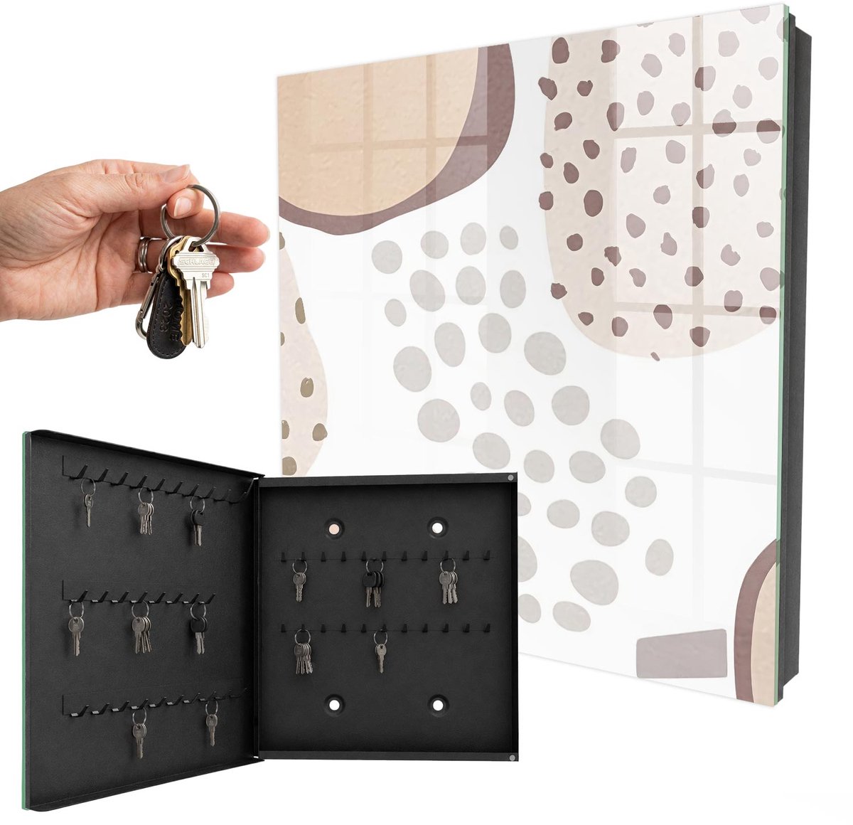 WallMuralia - Sleutelkast - 30x30x5 cm - met 50 haken - Organische Vormen Sleutelkastje Huis - Beige Sleutelbox - Linksopenend - Zwart interieur
