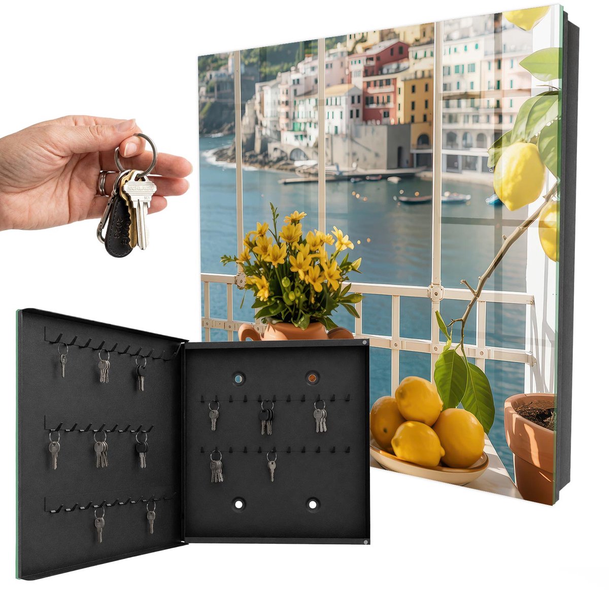 WallMuralia - Sleutelkast - 30x30x5 cm - met 50 haken - Vakantielandschap Sleutelkastje Huis - Blauw Sleutelbox - Linksopenend - Zwart interieur