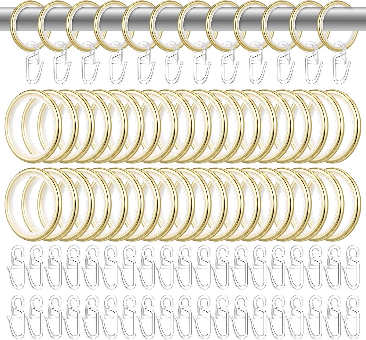 Gordijnringen goud met haken, 27 mm binnendiameter, gordijnringen, ringen voor gordijnroede, stil glijden, voor douchegordijnen, ramen en deuren