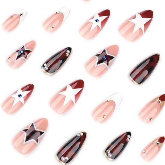 On Nails Mittel - Amandel Kunstnagels Met Sterrenpatroon - Bruine Volledige Bedekking Zelfklevende Nagels - Voor Dames Herfst Manicure 24 — afbeelding 2