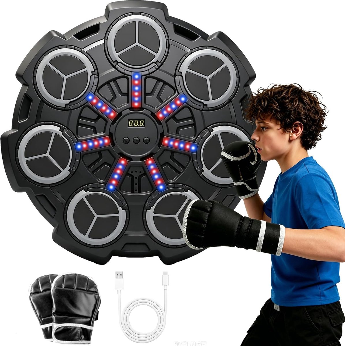 SnelShoppen - Muziekboksmachine met Bluetooth, 5 Niveaus, Inclusief Bokshandschoenen en LED-Licht - Bokstraining voor Volwassenen en Kinderen, PunchFi