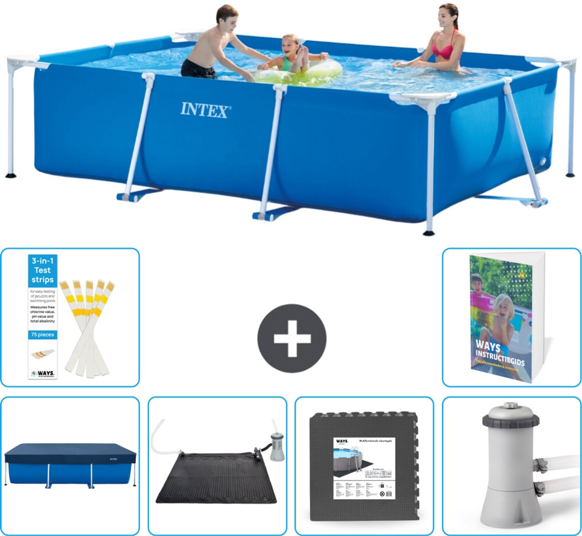 Intex Rechthoekig Frame Zwembad - 300 x 200 x 75 cm - Blauw - Inclusief Afdekzeil - Solar Mat - Vloertegels - Zwembadfilterpomp - 7-delig