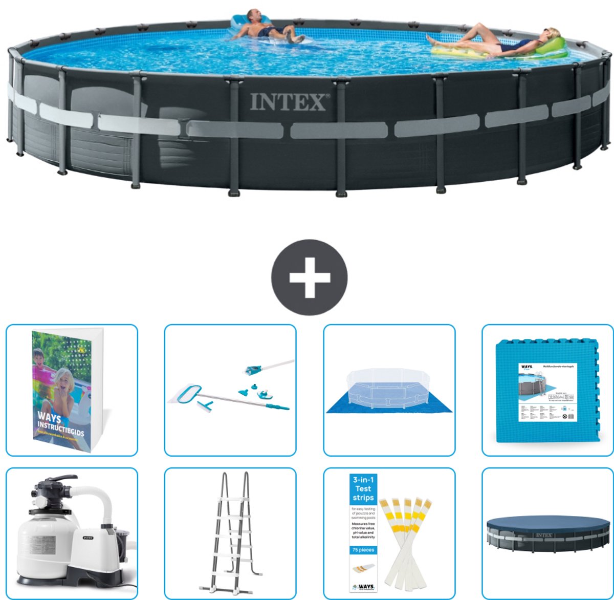 Intex Rond Ultra XTR Frame Zwembad - 732 x 132 cm - Inclusief Pomp - Ladder - Grondzeil - Afdekzeil - Schoonmaakset - Vloertegels - 9-delig
