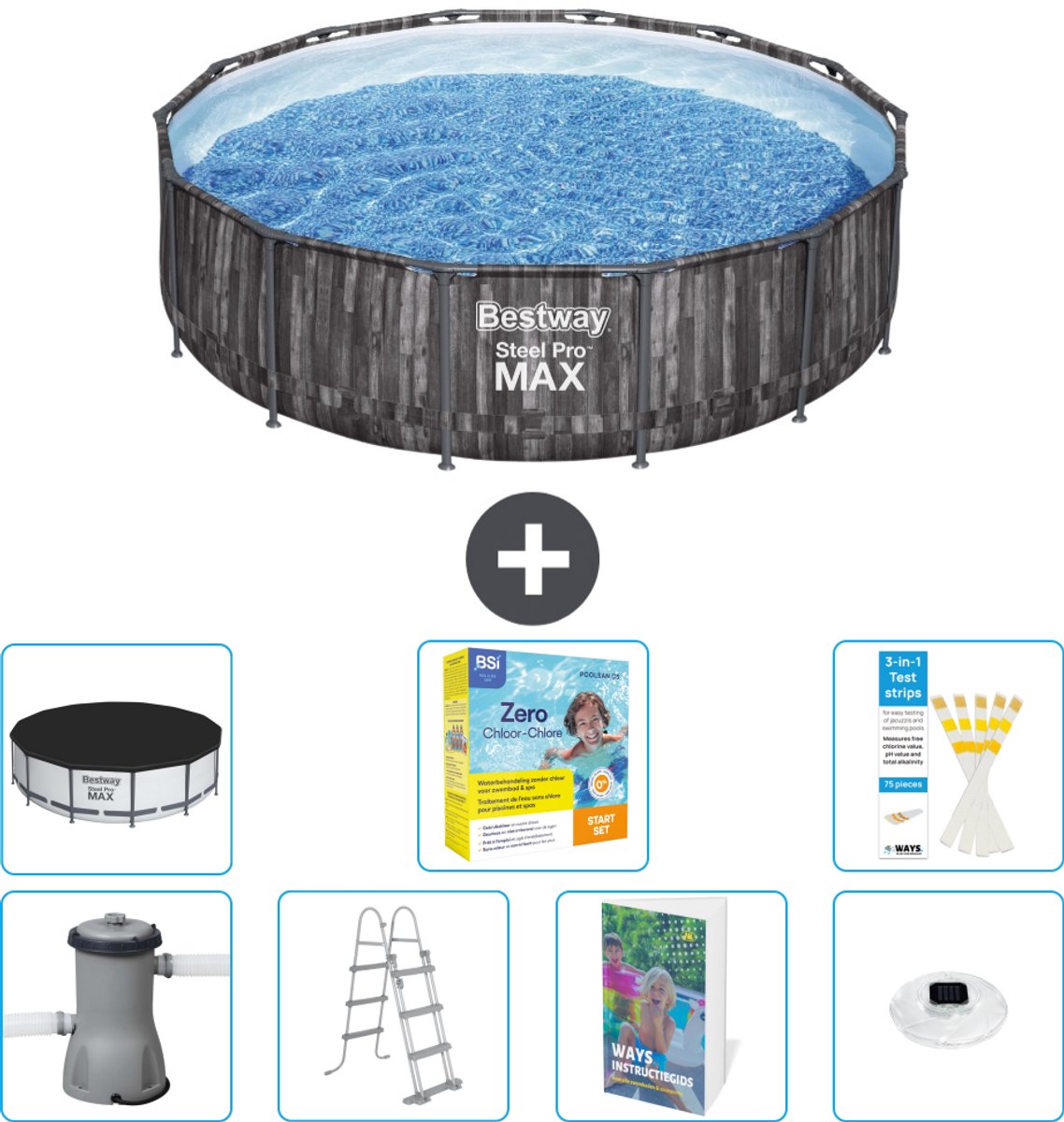 Bestway Rond Steel Pro MAX Zwembad - Houtprint - 427 x 107 cm - Inclusief Pomp - Ladder - Afdekzeil - Onderhoudspakket - Verlichting - 8-delig