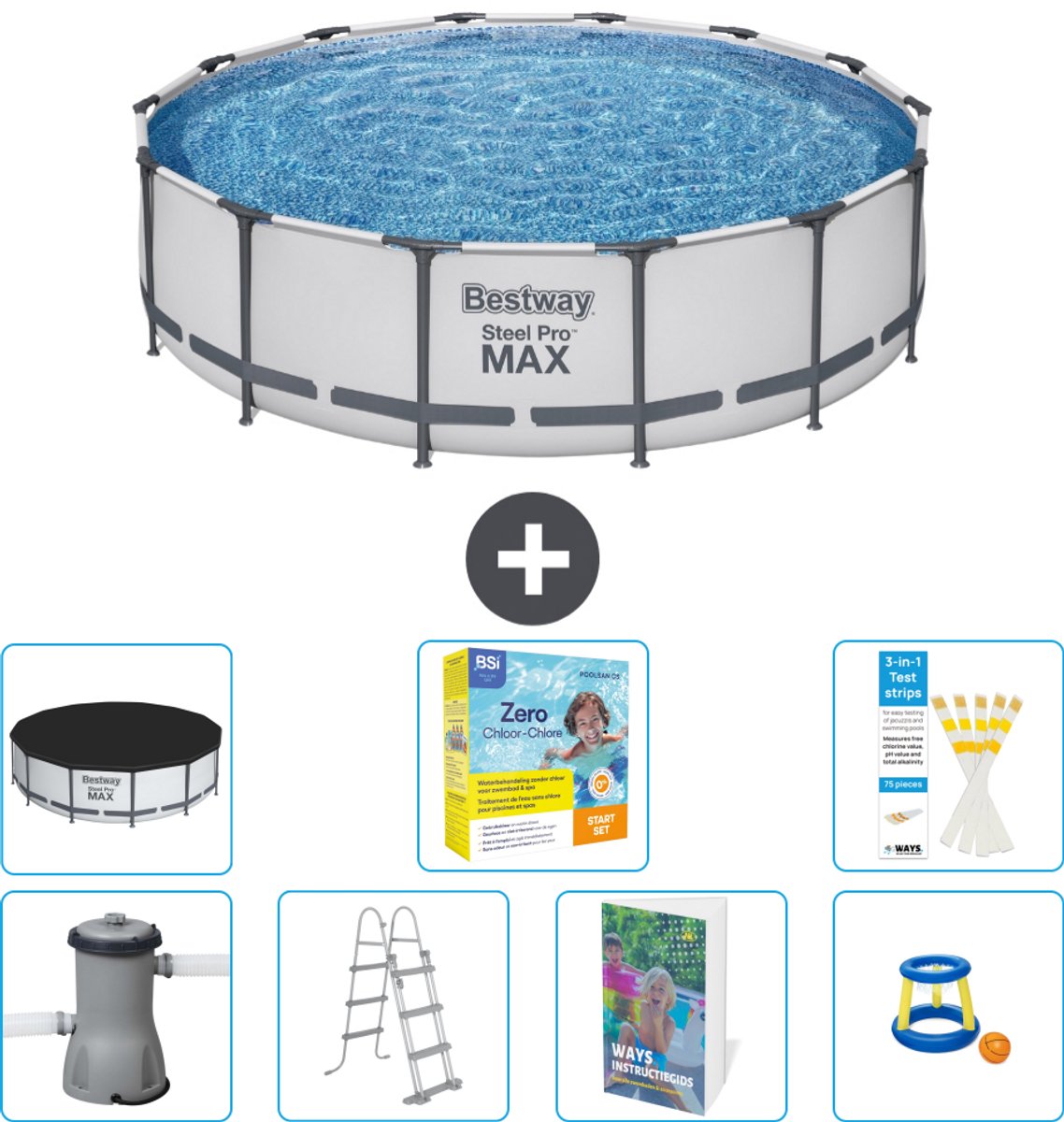 Bestway Rond Steel Pro MAX Zwembad - 427 x 107 cm - Grijs - Inclusief Pomp - Ladder - Afdekzeil - Onderhoudspakket - Speelgoed - 8-delig