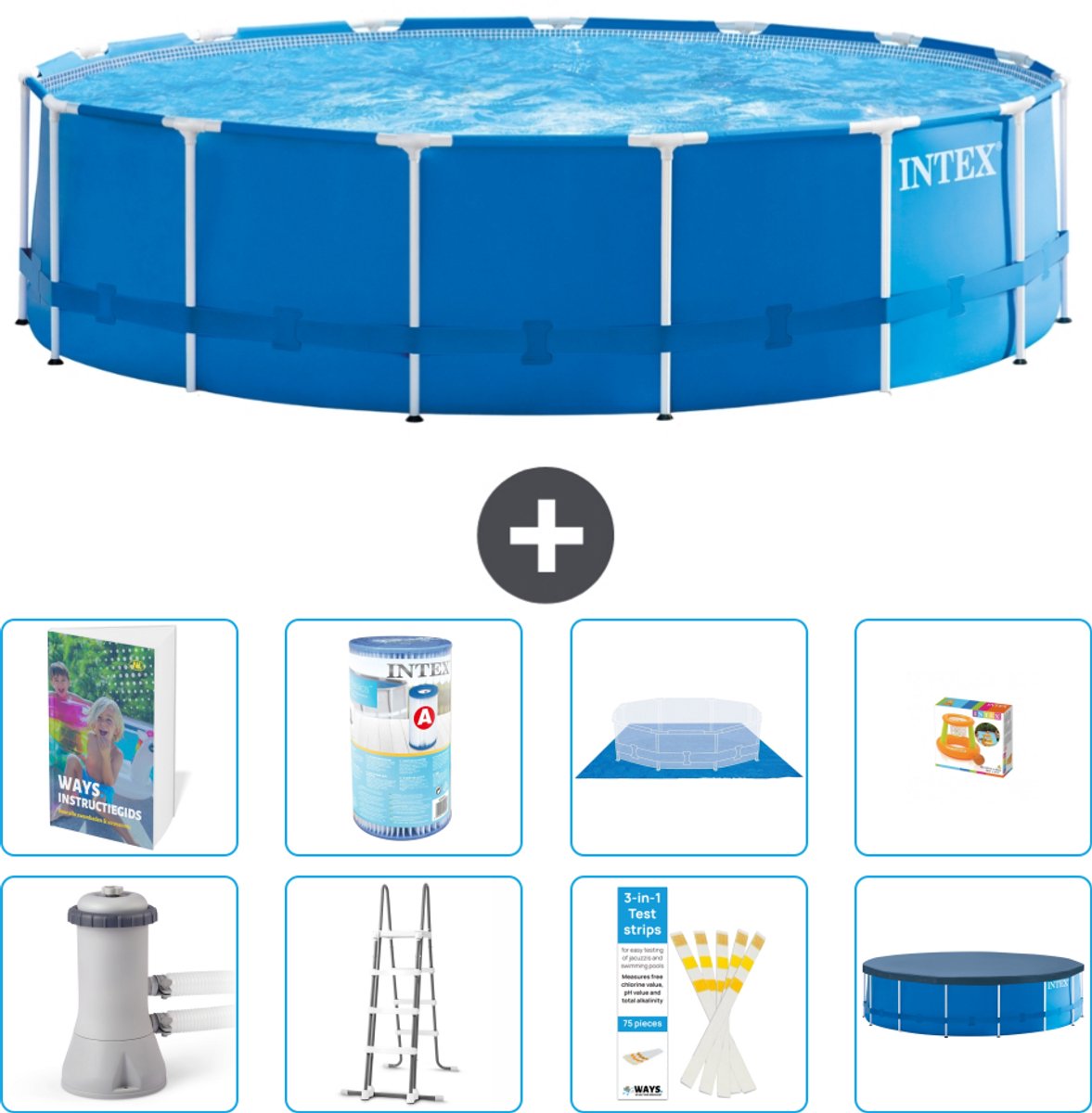 Intex Rond Frame Zwembad - 457 x 122 cm - Blauw - Inclusief Pomp - Ladder - Grondzeil - Afdekzeil - Filter - Speelgoed - 9-delig