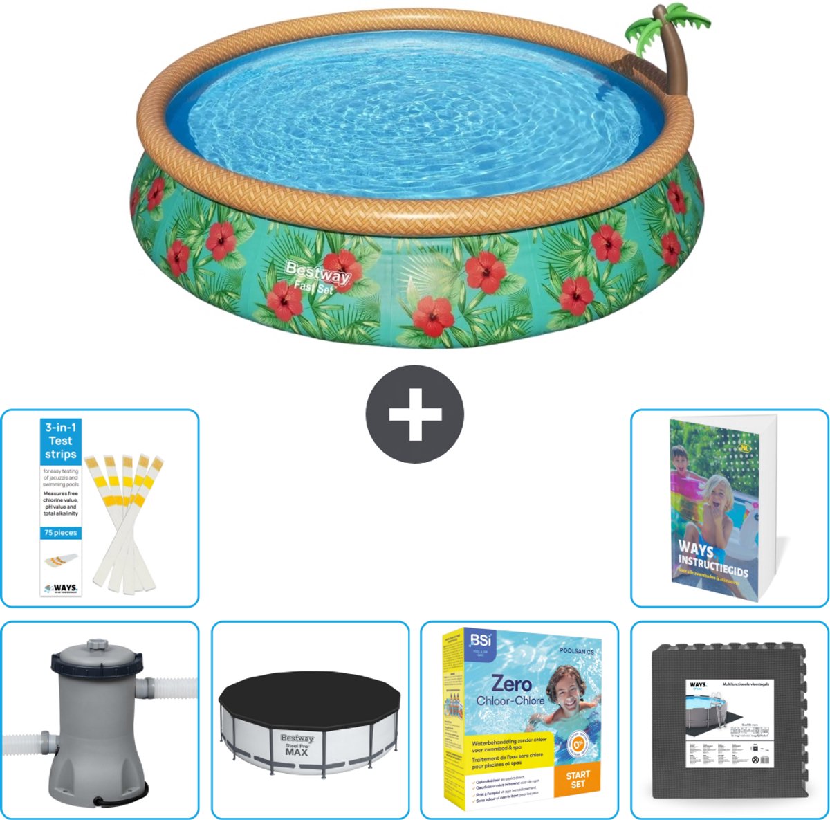 Bestway Rond Opblaasbaar Fast Set Zwembad - Paradijsprint - 457 x 84 cm - Inclusief Pomp - Afdekzeil - Onderhoudspakket - Vloertegels - 7-delig