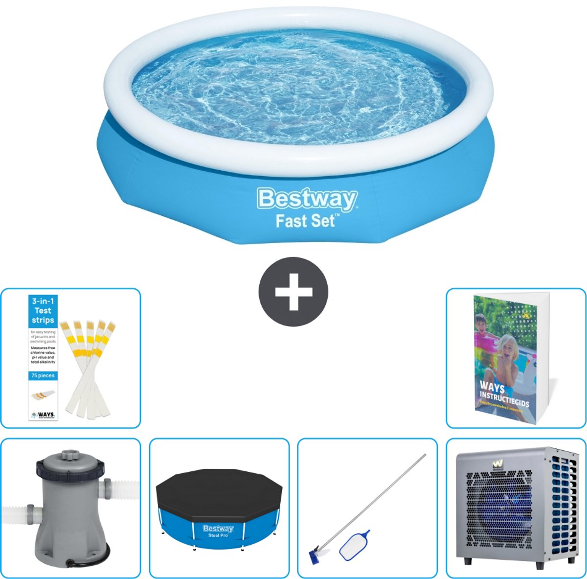 Bestway Rond Opblaasbaar Fast Set Zwembad - 305 x 66 cm - Blauw - Inclusief Pomp - Afdekzeil - Schoonmaakset - Warmtepomp - 7-delig