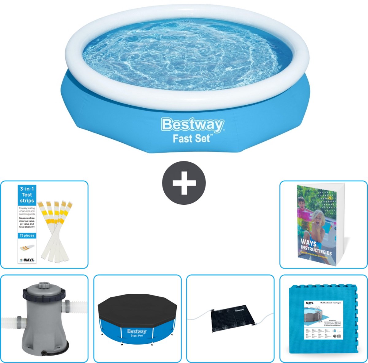 Bestway Rond Opblaasbaar Fast Set Zwembad - 305 x 66 cm - Blauw - Inclusief Pomp - Afdekzeil - Solar Mat - Vloertegels - 7-delig