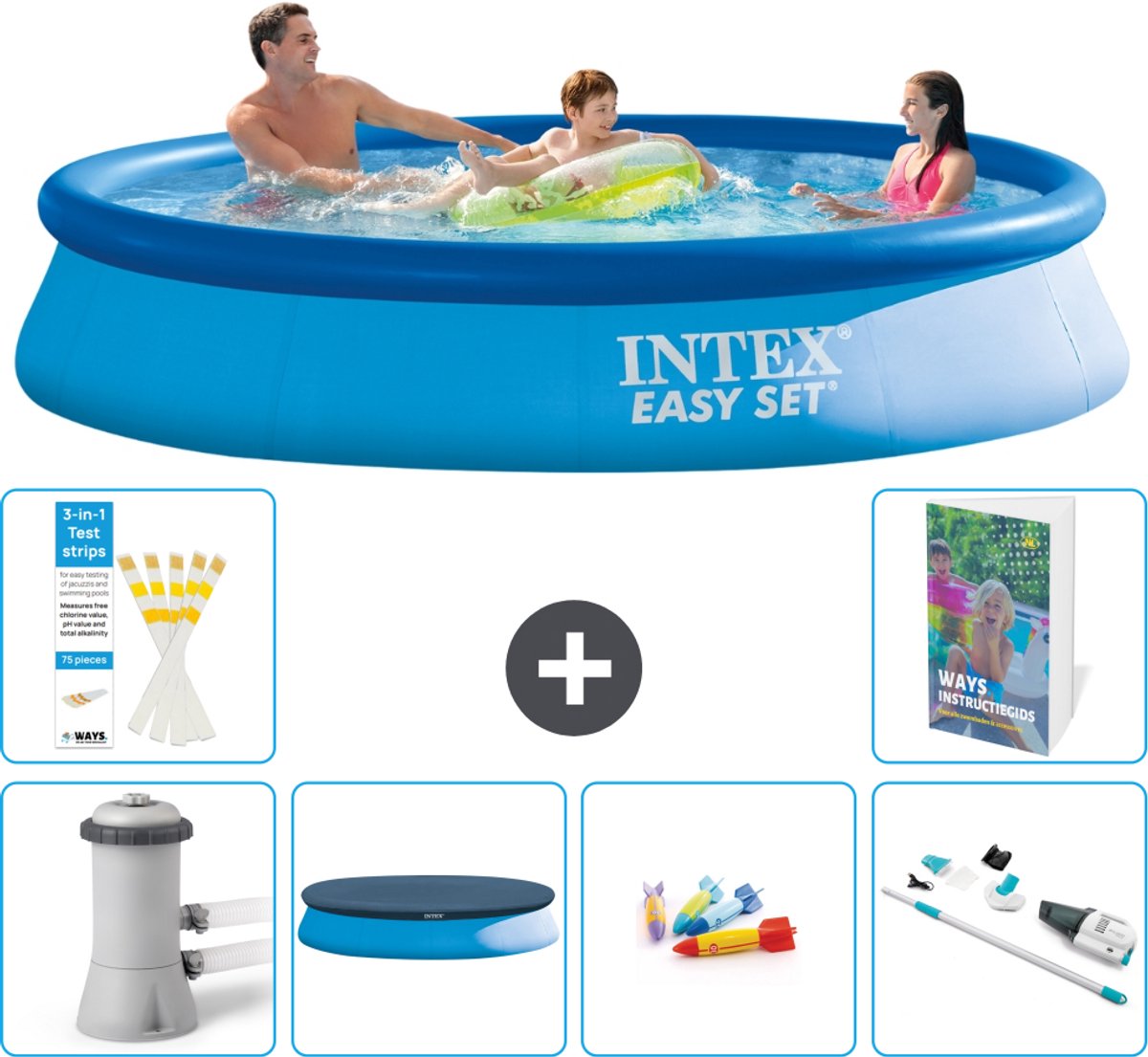 Intex Rond Opblaasbaar Easy Set Zwembad - 366 x 76 cm - Blauw - Inclusief Pomp - Afdekzeil - Speelgoed - Stofzuiger - 7-delig
