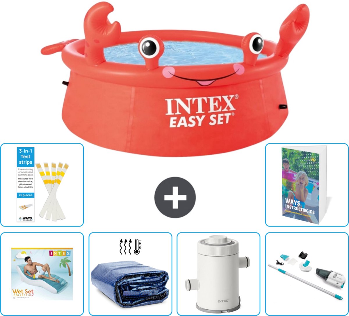 Intex Rond Opblaasbaar Easy Set Zwembad - 183 x 51 cm - Rood - Krab - Inclusief Loungebed - Solarzeil - Zwembadfilterpomp - Stofzuiger - 7-delig
