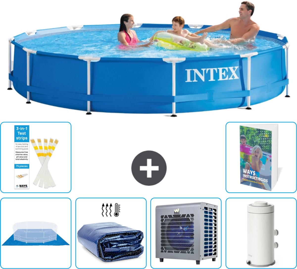 Intex Rond Frame Zwembad - 366 x 76 cm - Blauw - Inclusief Grondzeil - Solarzeil - Warmtepomp - Zwembadfilterpomp - 7-delig