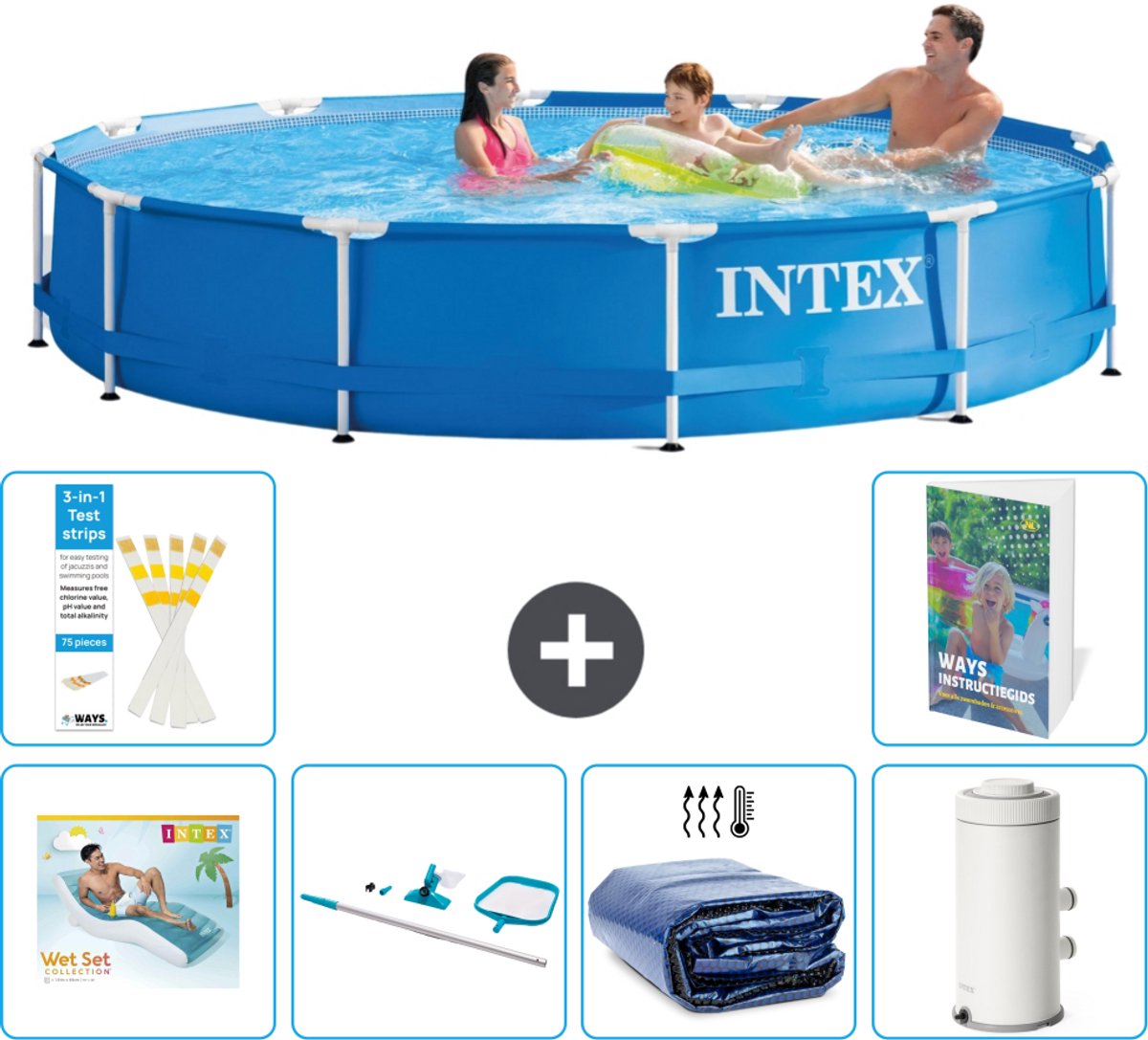 Intex Rond Frame Zwembad - 366 x 76 cm - Blauw - Inclusief Loungebed - Schoonmaakset - Solarzeil - Zwembadfilterpomp - 7-delig