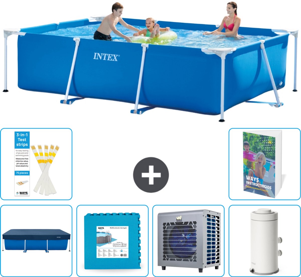 Intex Rechthoekig Frame Zwembad - 300 x 200 x 75 cm - Blauw - Inclusief Afdekzeil - Vloertegels - Warmtepomp - Zwembadfilterpomp - 7-delig