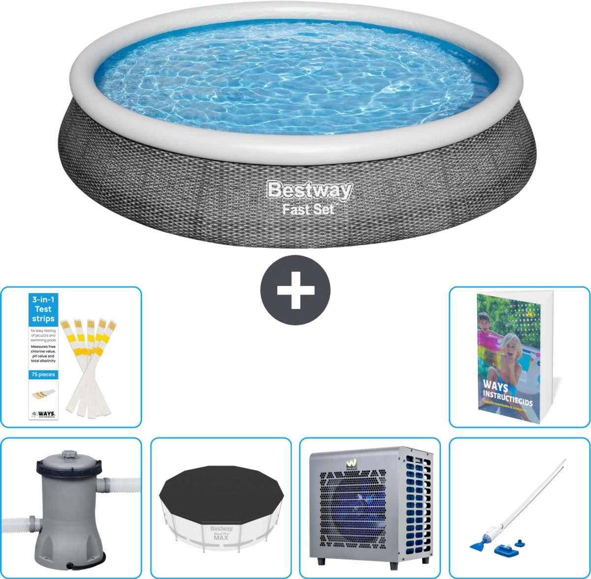 Bestway Rond Opblaasbaar Fast Set Zwembad - Rotanprint - 396 x 84 cm - Inclusief Pomp - Afdekzeil - Warmtepomp - Stofzuiger - 7-delig