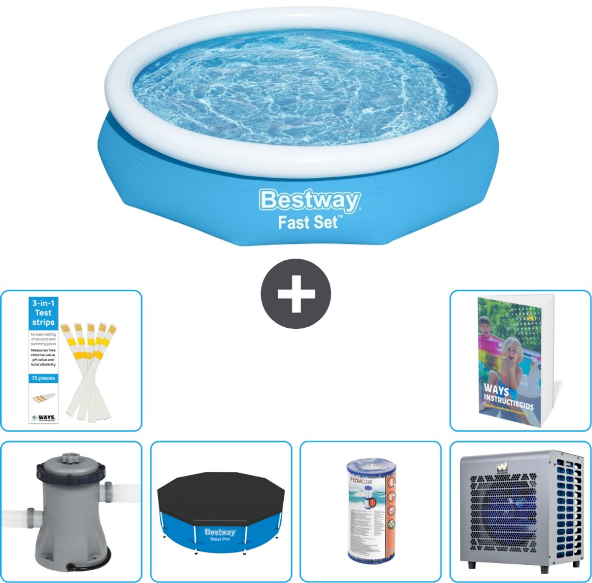 Bestway Rond Opblaasbaar Fast Set Zwembad - 305 x 66 cm - Blauw - Inclusief Pomp - Afdekzeil - Filter - Warmtepomp - 7-delig