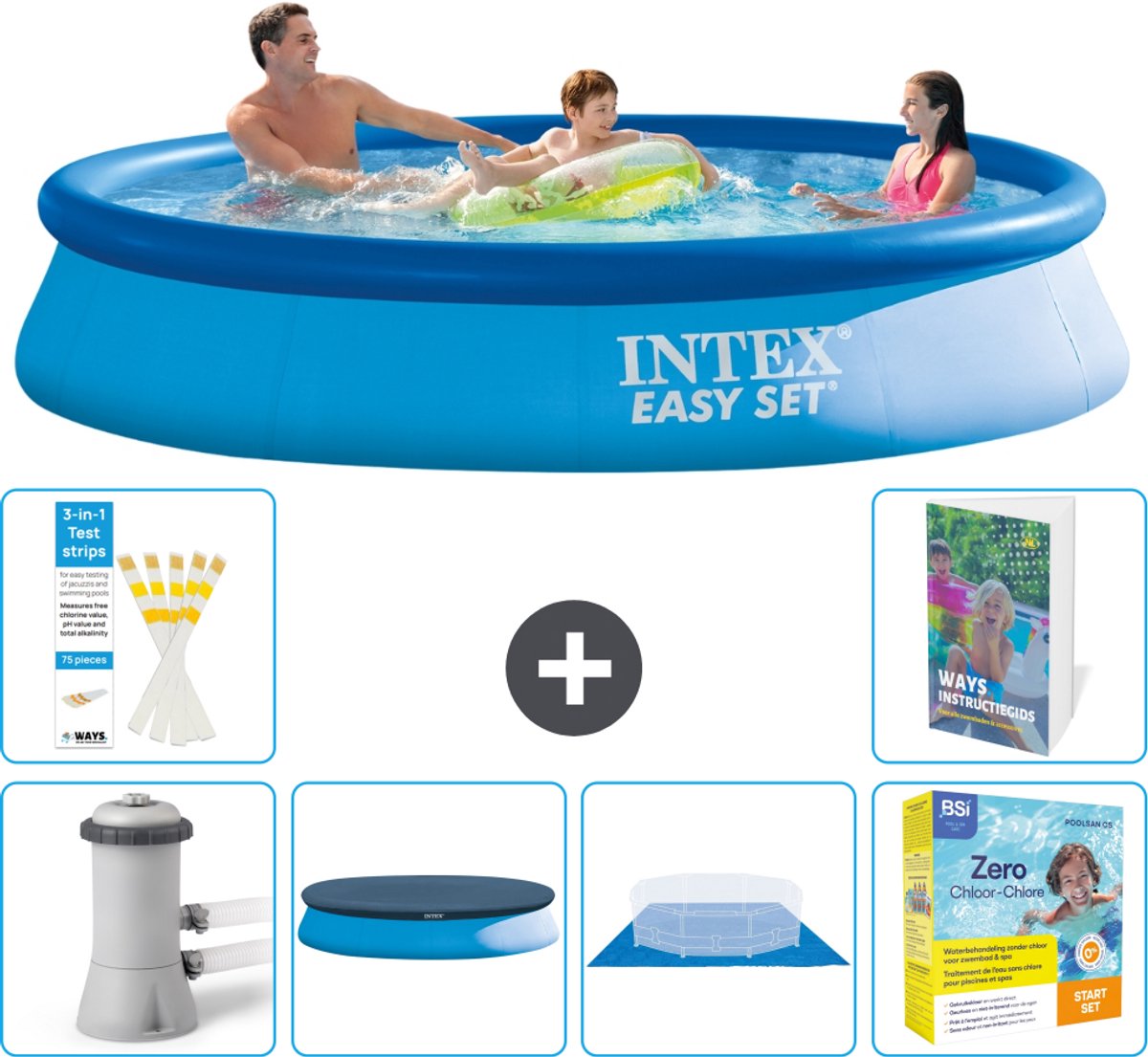Intex Rond Opblaasbaar Easy Set Zwembad - 366 x 76 cm - Blauw - Inclusief Pomp - Afdekzeil - Grondzeil - Onderhoudspakket - 7-delig