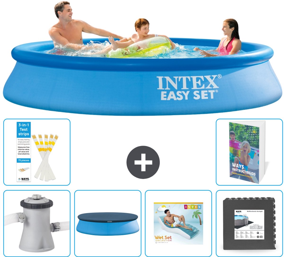 Intex Rond Opblaasbaar Easy Set Zwembad - 305 x 61 cm - Blauw - Inclusief Pomp - Afdekzeil - Loungebed - Vloertegels - 7-delig