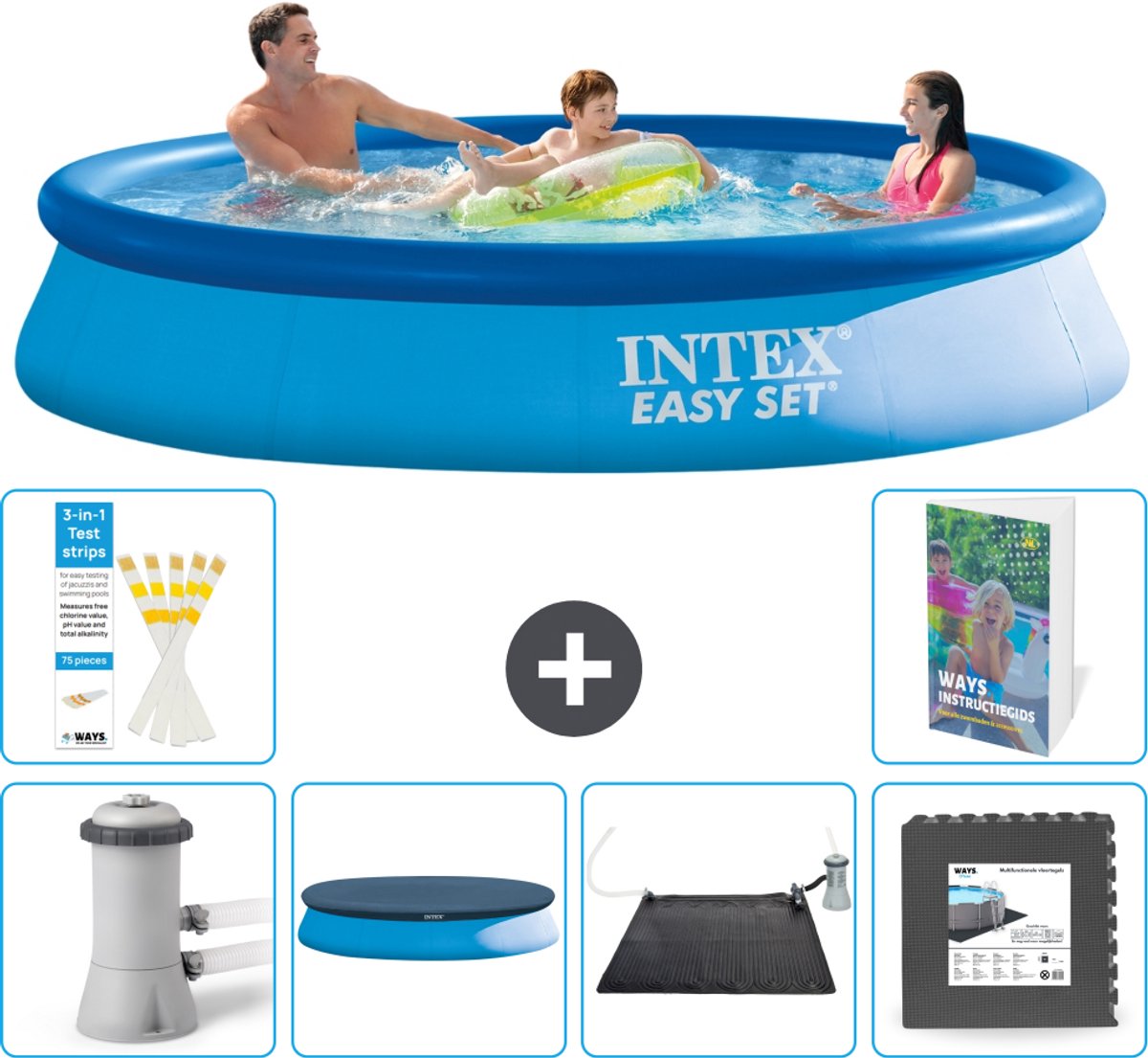 Intex Rond Opblaasbaar Easy Set Zwembad - 366 x 76 cm - Blauw - Inclusief Pomp - Afdekzeil - Solar Mat - Vloertegels - 7-delig