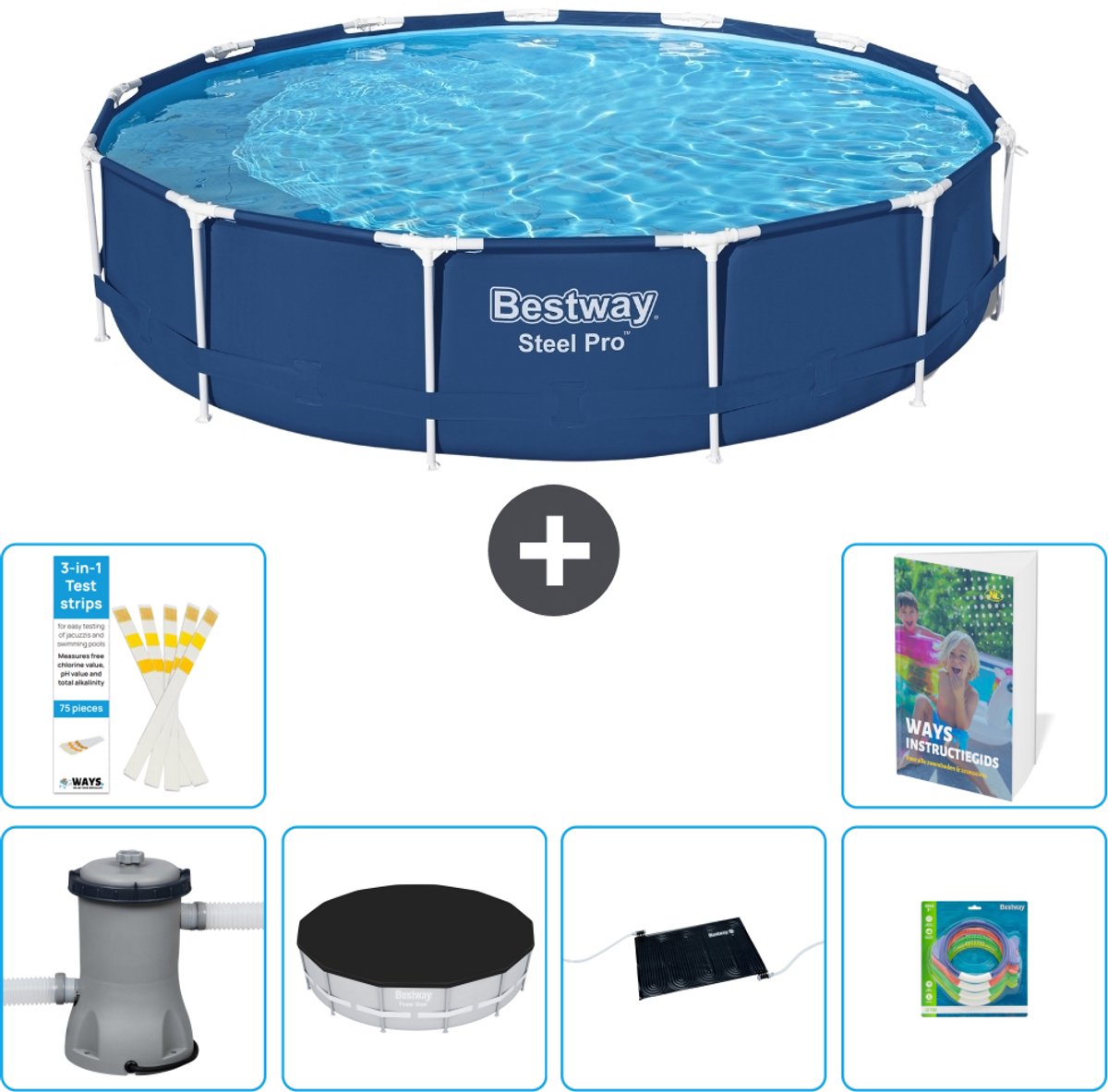 Bestway Rond Steel Pro Zwembad - 396 x 84 cm - Blauw - Inclusief Pomp - Afdekzeil - Solar Mat - Speelgoed - 7-delig