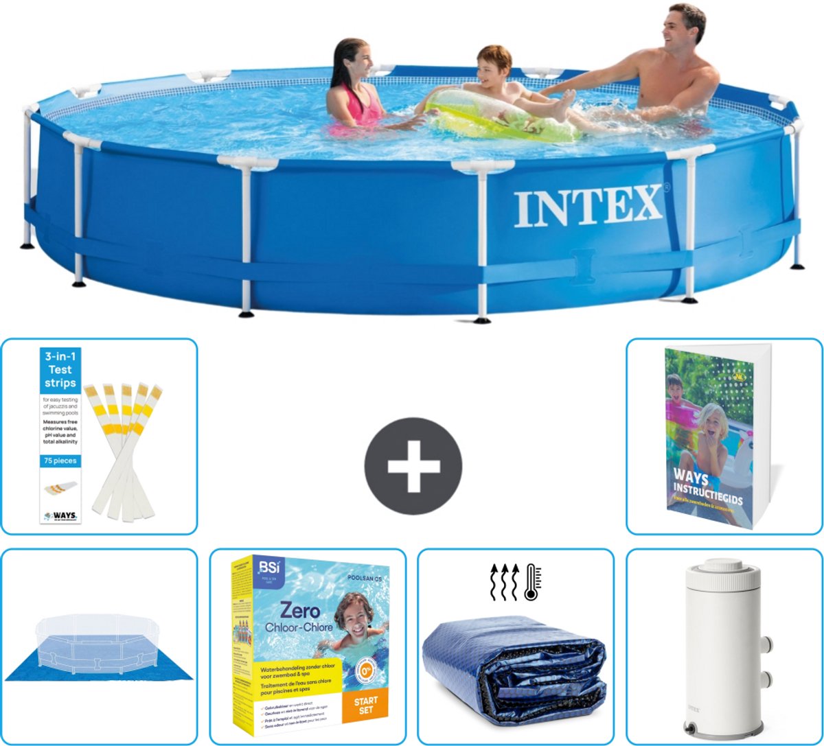 Intex Rond Frame Zwembad - 366 x 76 cm - Blauw - Inclusief Grondzeil - Onderhoudspakket - Solarzeil - Zwembadfilterpomp - 7-delig