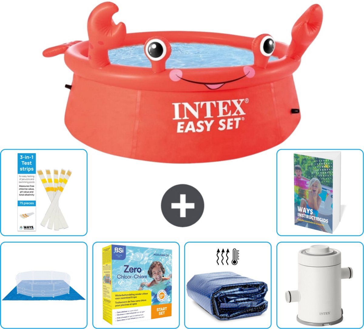 Intex Rond Opblaasbaar Easy Set Zwembad - 183 x 51 cm - Rood - Krab - Inclusief Grondzeil - Onderhoudspakket - Solarzeil - Zwembadfilterpomp - 7-delig