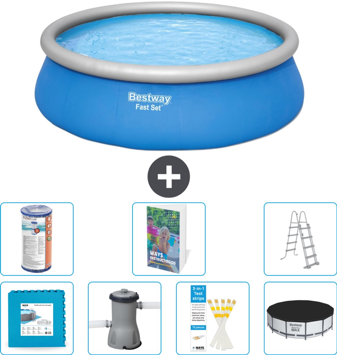 Bestway Rond Opblaasbaar Fast Set Zwembad - 457 x 122 cm - Blauw - Inclusief Pomp - Ladder - Afdekzeil - Filter - Vloertegels - 8-delig