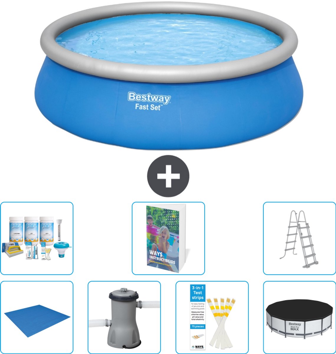 Bestway Rond Opblaasbaar Fast Set Zwembad - 457 x 122 cm - Blauw - Inclusief Pomp - Ladder - Afdekzeil - Onderhoudspakket - Grondzeil - 8-delig