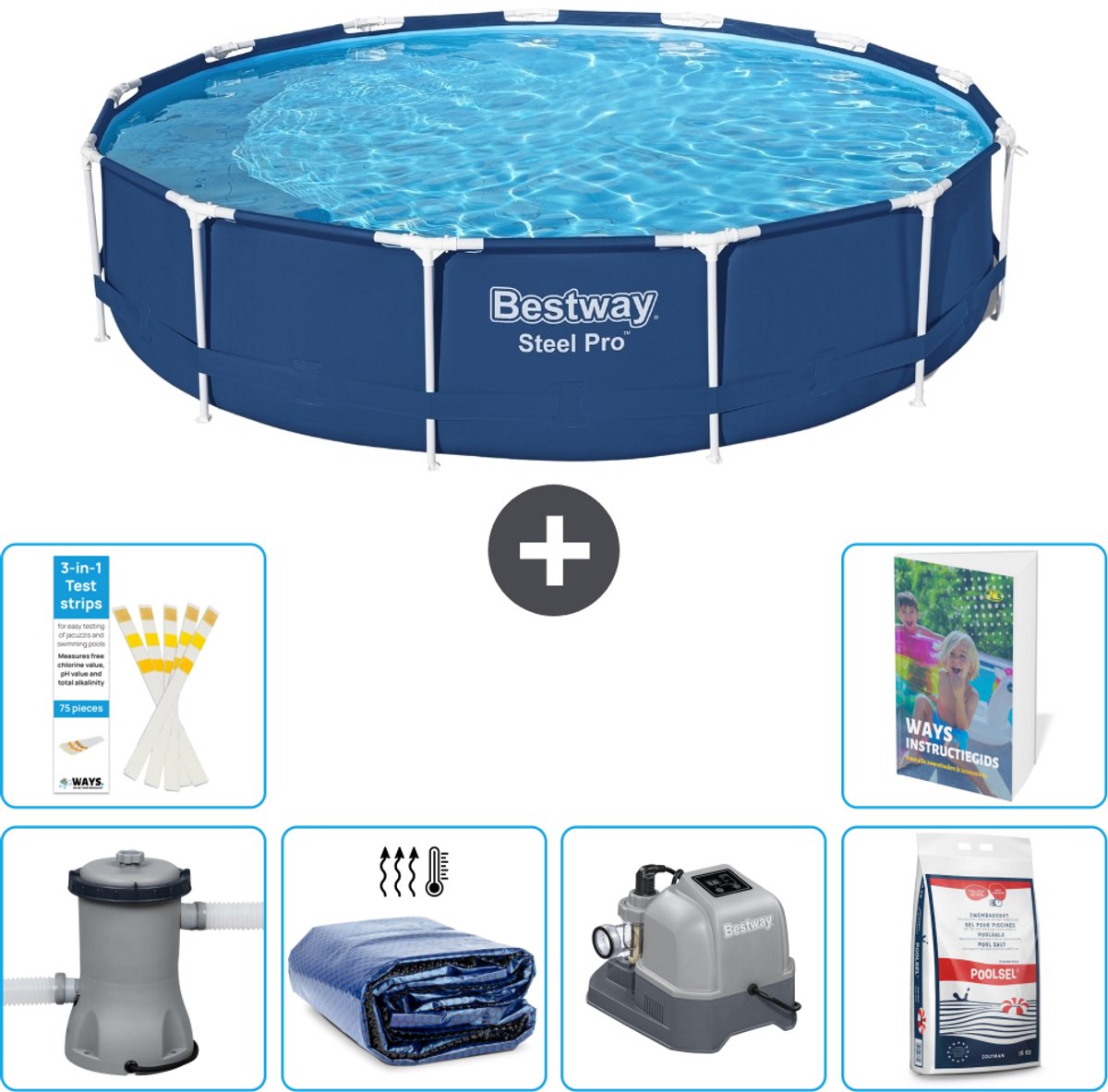 Bestway Rond Steel Pro Zwembad - 396 x 84 cm - Blauw - Inclusief Pomp - Solarzeil - Zoutwatersysteem - Zwembadzout - 7-delig