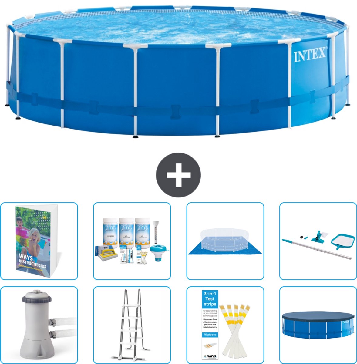 Intex Rond Frame Zwembad - 457 x 122 cm - Blauw - Inclusief Pomp - Ladder - Grondzeil - Afdekzeil - Onderhoudspakket - Schoonmaakset - 9-delig
