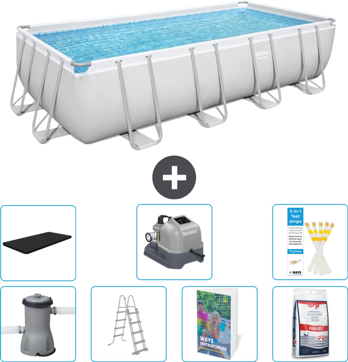 Bestway Rechthoekig Power Steel Zwembad - 488 x 244 x 122 - Grijs Inclusief Pomp - Ladder - Afdekzeil - Zoutwatersysteem - Zwembadzout - 8-delig