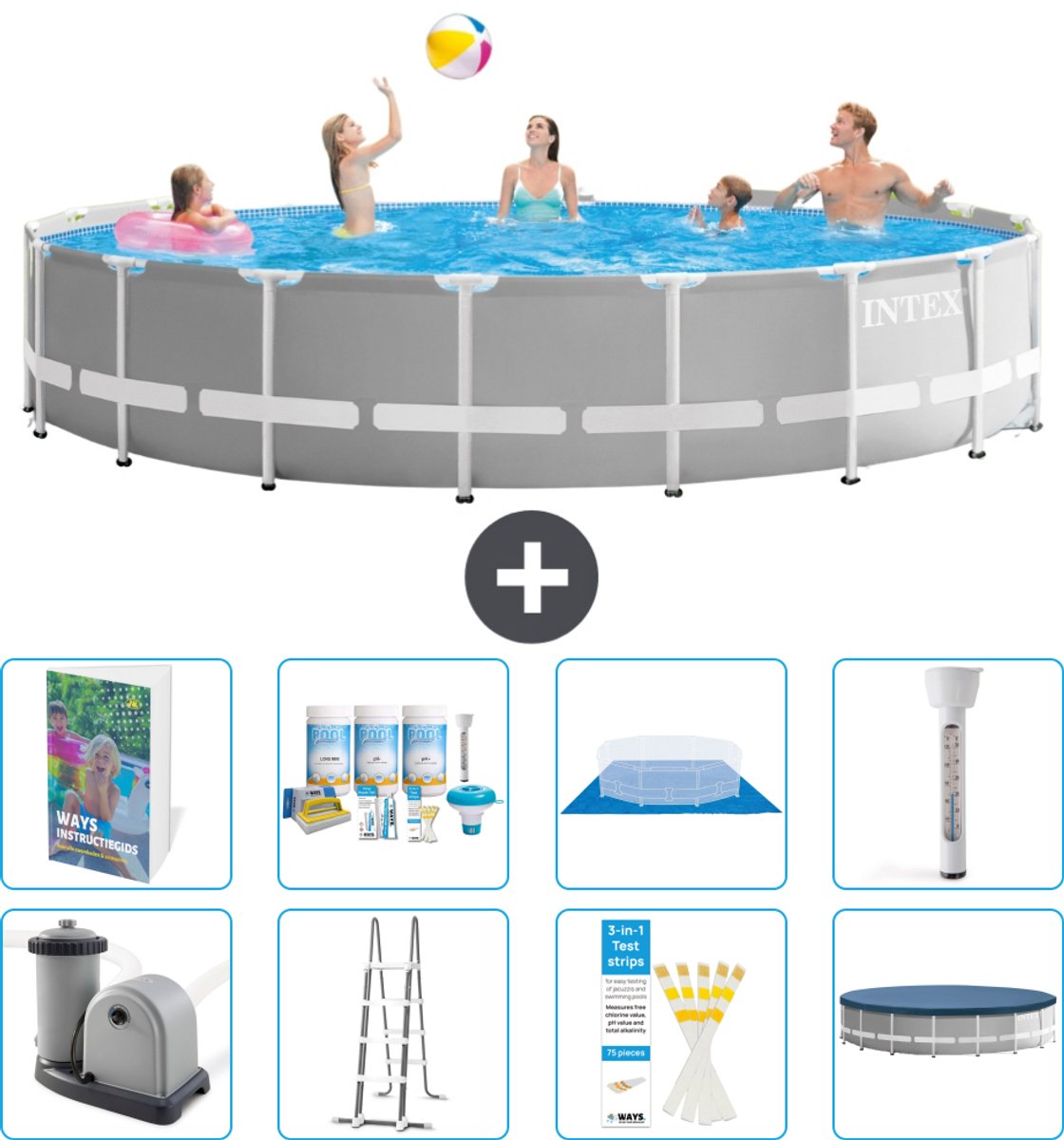 Intex Rond Prism Frame Zwembad - 548 x 122 cm - Grijs - Inclusief Pomp - Ladder - Grondzeil - Afdekzeil - Onderhoudspakket - Thermometer - 9-delig